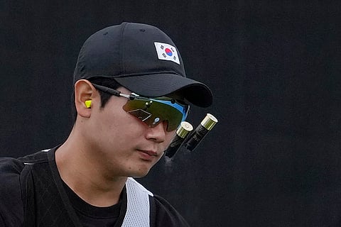 South Korea's Minsu Kim during the Skeet men pre-event training